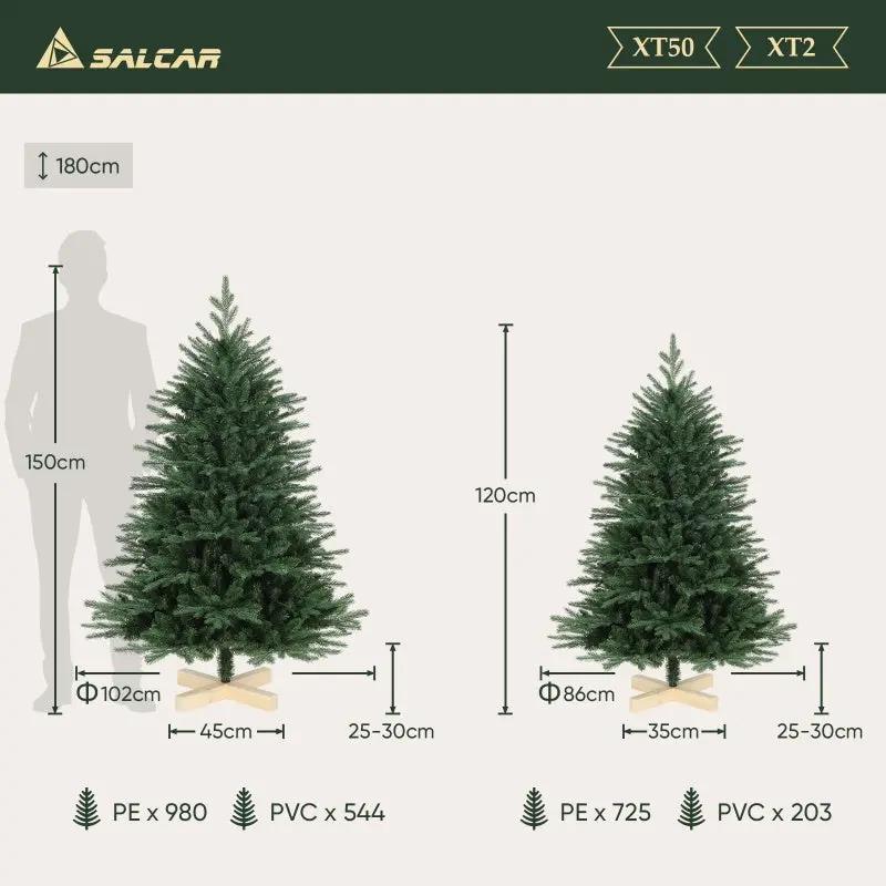 Salcar 120 /150 /180 /210cm Künstlicher Weihnachtsbaum mit Holzständer, Nordmanntanne, mit 725 /980 /1290 /1525 PE-Zweigen und 203 /544 /722 /993 PVC-Zweigen Salcar