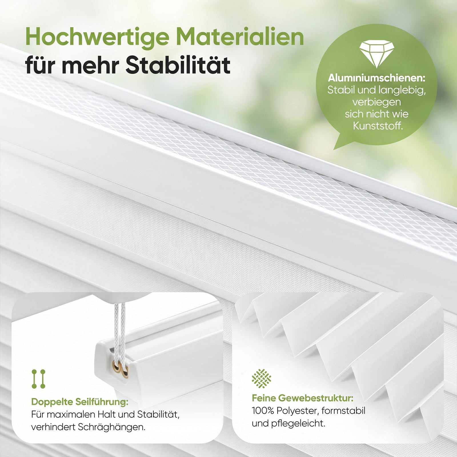 Robuste obere und untere Aluminium-Profilschienen für das Salcar Klemmfix Plissee, stabiler als Kunststoffschienen, reißfestes leicht zu reinigendes Polyestergewebe