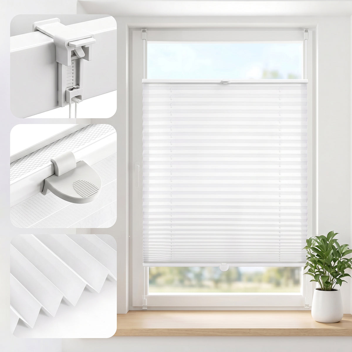 Salcar Plissee ohne Bohren in Weiß, Klemmfix Plissee aus Polyester mit Aluminiumschienen, stilvoller Sicht- und Lichtschutz für Fenster und Glastüren