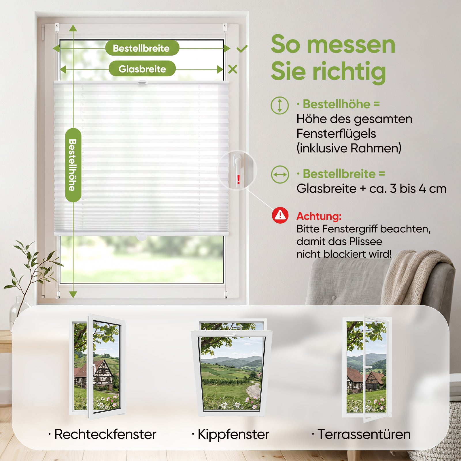 Messanleitung für die passende Größenwahl des Klemmfix Plissees, korrekte Fenstermessung für optimale Passform und freien Fenstergriff