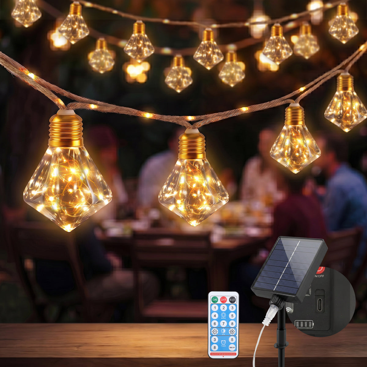 Salcar LED Solar Hanfseil Lichterkette mit 10 Diamant-Glühbirnen und warmweißen LEDs für Garten und Terrasse