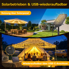 Solar Lichterkette Außen mit Solar Panel und USB-Ladefunktion für wetterfeste LED Gartenbeleuchtung