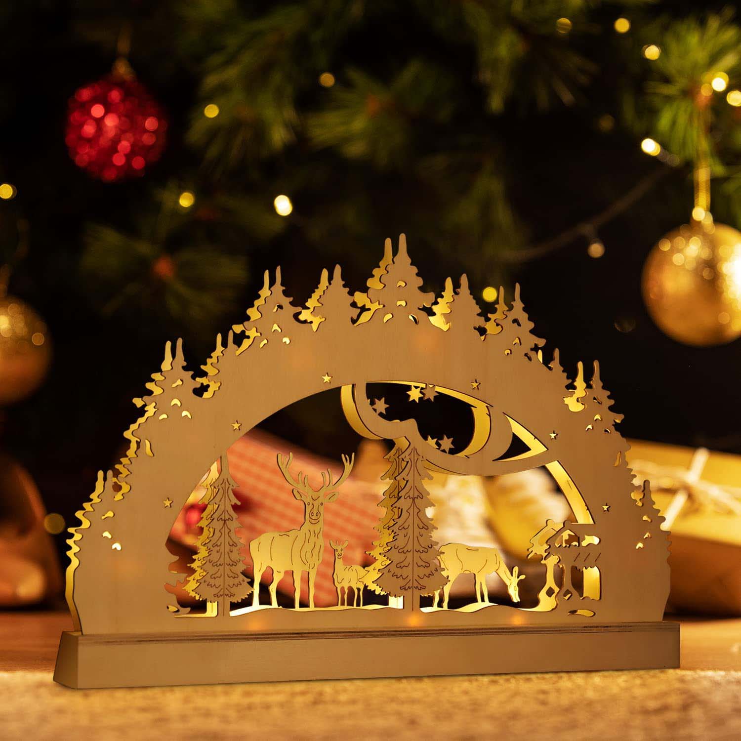 Salcar LED Schwibbogen Weihnachten mit 10 LEDs – Batteriebetriebener Holz-Lichterbogen, Warmweißes Licht, Weihnachtsdeko für Innen, Fenster & Tisch salcar