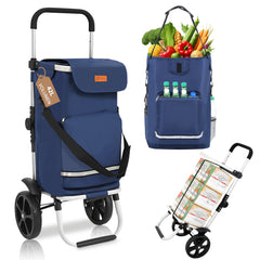Sekey Faltbarer Einkaufstrolley 3-in-1 Leichter Aluminium-Trolley 60 kg Tragkraft, Höhenverstellbarer Griff, Automatische Faltfunktion, Inklusive Kühlfach & Getränkefach, Ideal für Einkäufe & Camping