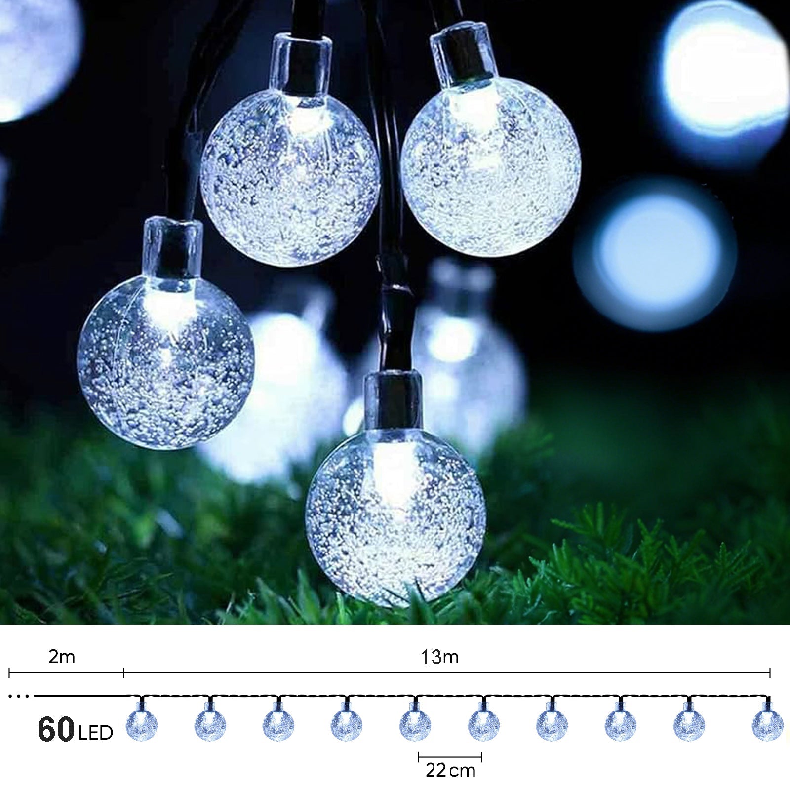 Salcar Solar LED Lichterkette kaltweiß – 15m Kristallkugeln, IP44 wasserdicht, Außenbeleuchtung für Garten, Terrasse, Weihnachten & Partydeko SEKEYMALL