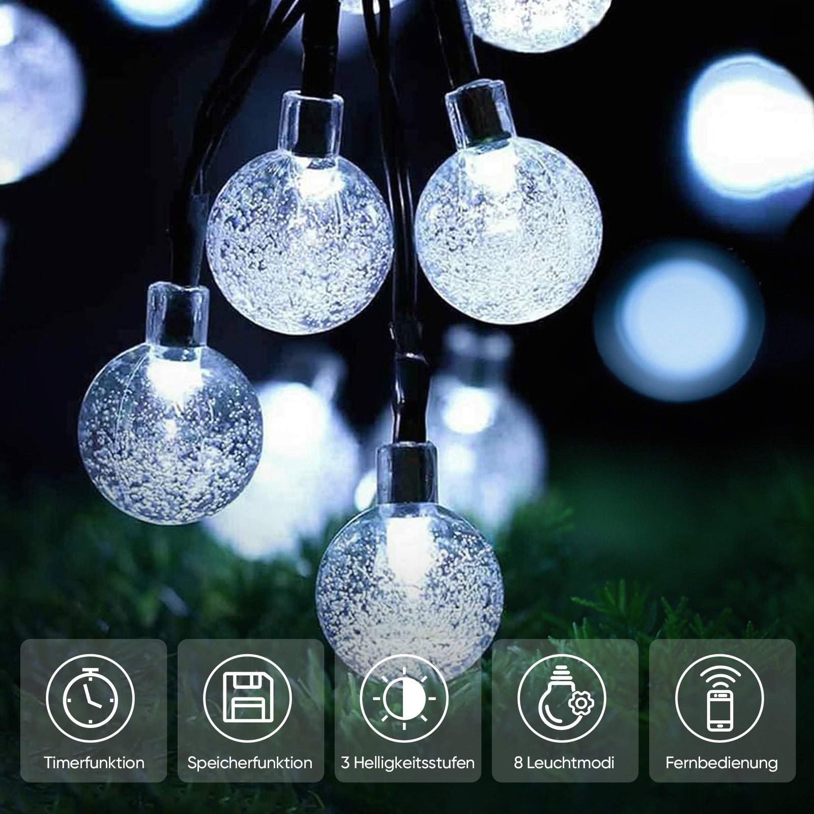 Salcar Solar LED Lichterkette kaltweiß – 15m Kristallkugeln, IP44 wasserdicht, Außenbeleuchtung für Garten, Terrasse, Weihnachten & Partydeko SEKEYMALL