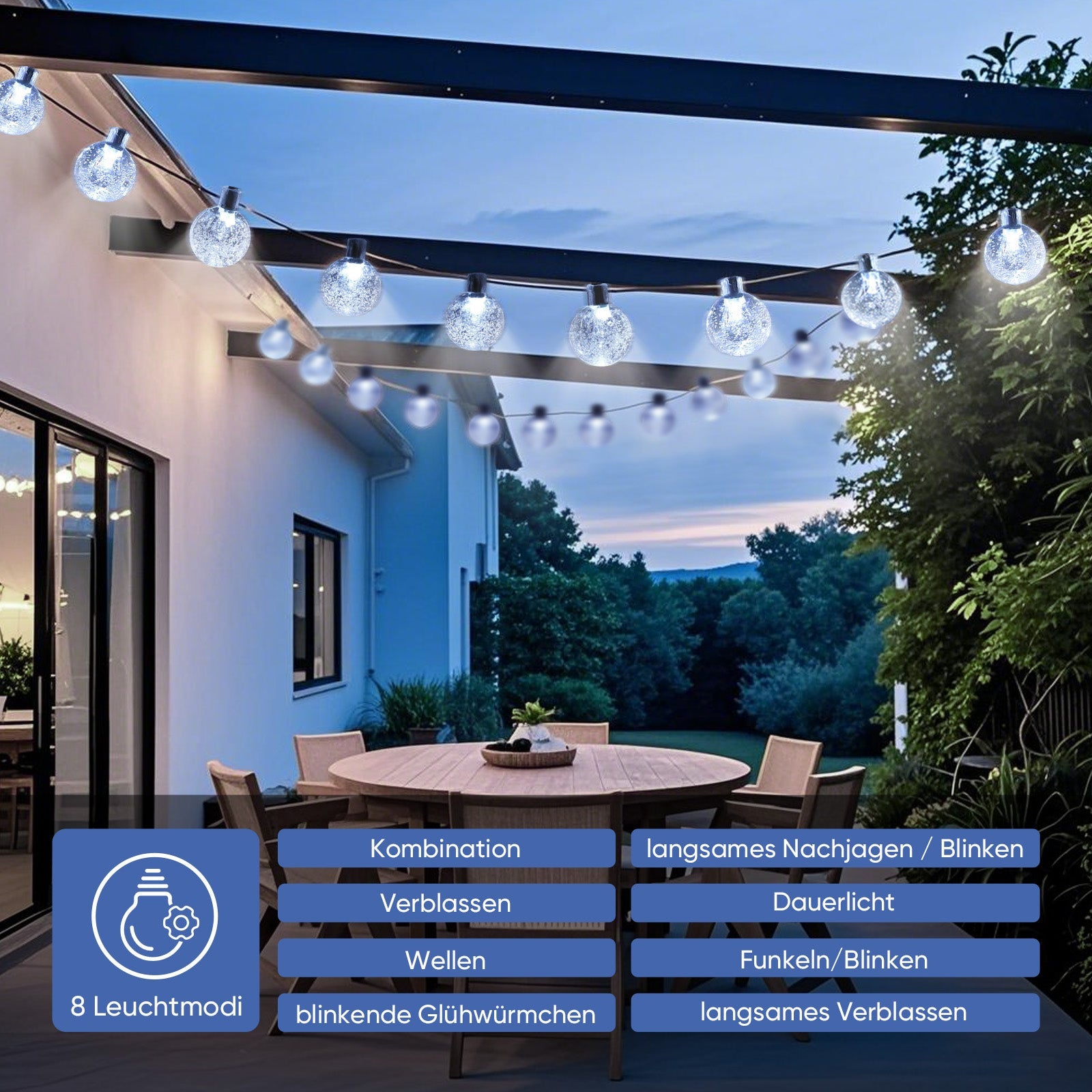Salcar Solar LED Lichterkette kaltweiß – 15m Kristallkugeln, IP44 wasserdicht, Außenbeleuchtung für Garten, Terrasse, Weihnachten & Partydeko SEKEYMALL