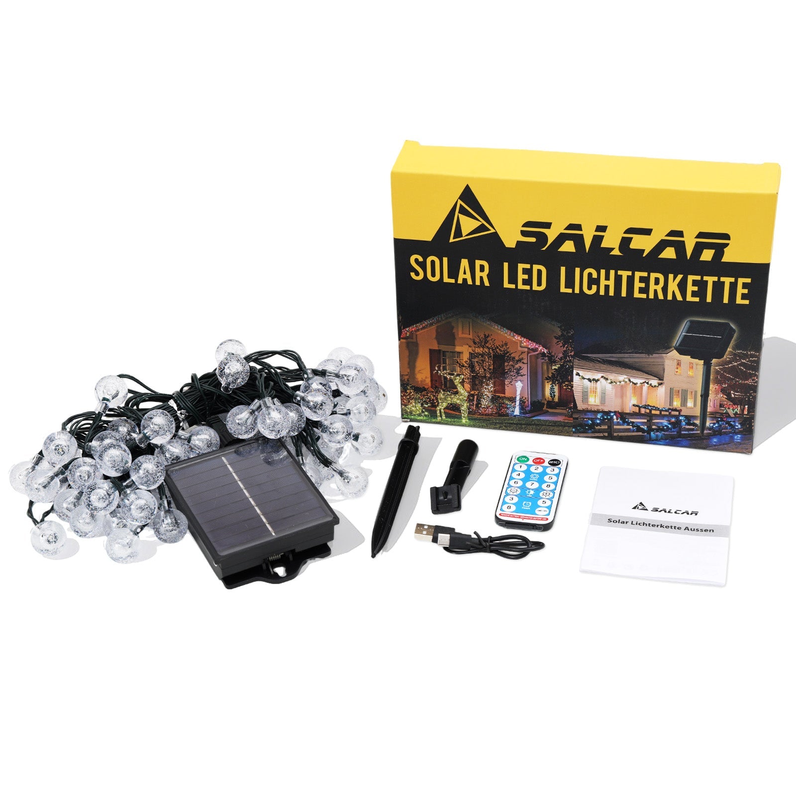 Salcar Solar LED Lichterkette kaltweiß – 15m Kristallkugeln, IP44 wasserdicht, Außenbeleuchtung für Garten, Terrasse, Weihnachten & Partydeko SEKEYMALL