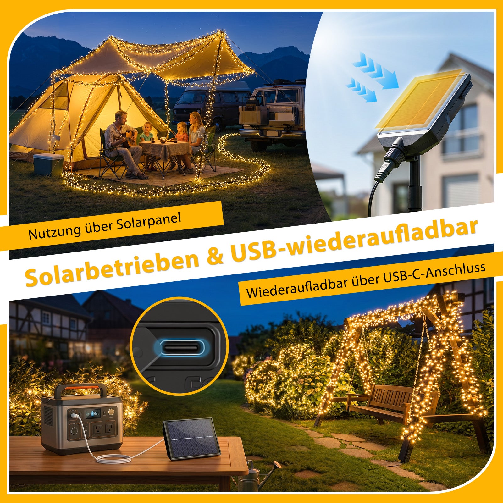 Solar Lichterkette Außen mit Solarpanel und USB-Ladefunktion für zuverlässige Beleuchtung bei jedem Wetter