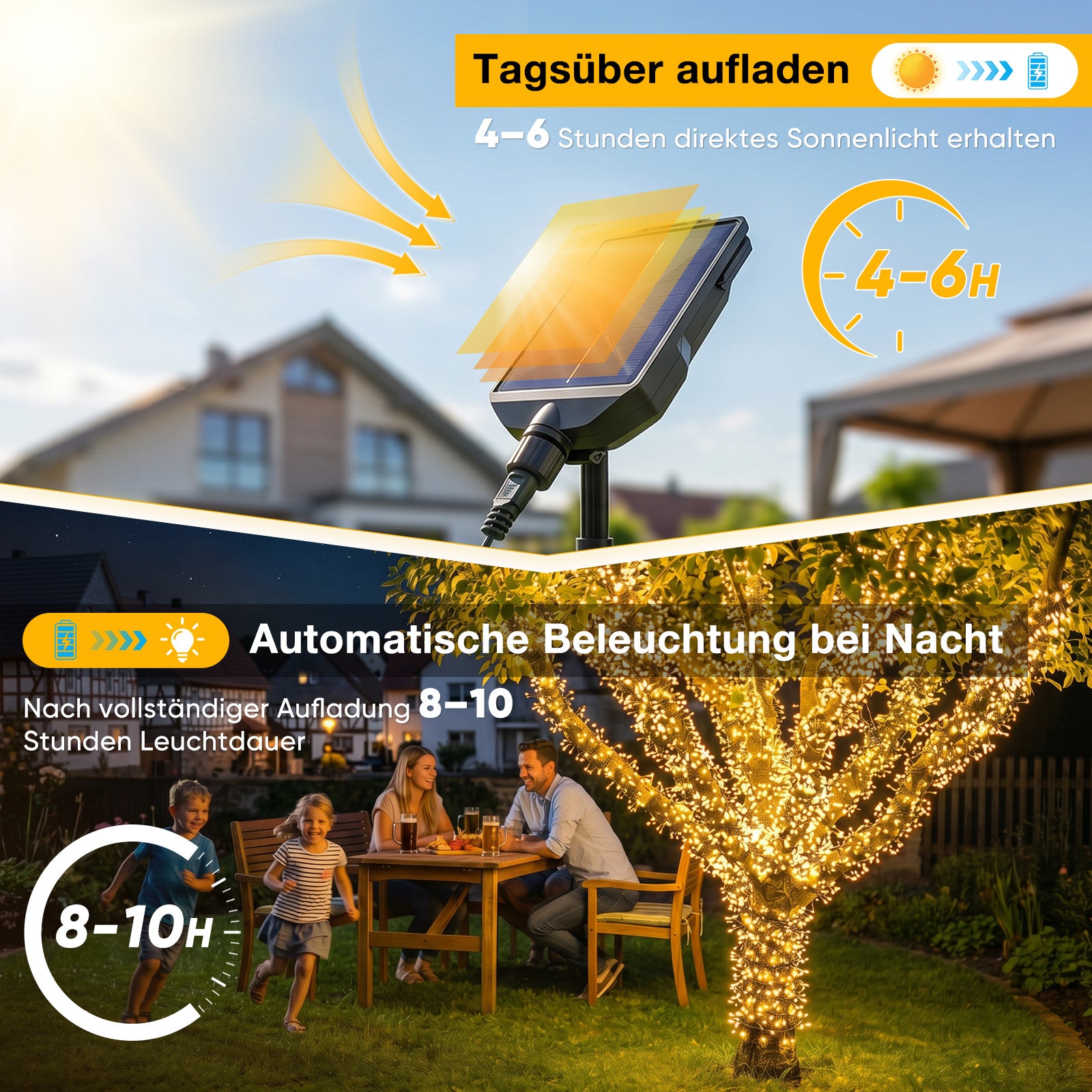 Solar Lichterkette Außen mit Solarpanel und USB-Ladefunktion für zuverlässige Beleuchtung bei jedem Wetter Solar Lichterkette mit Fernbedienung, Timerfunktion und automatischem Dämmerungssensor