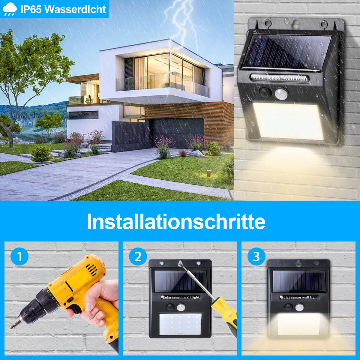 Salcar Solar Wandleuchten mit Bewegungsmelder, 800 Lumen, Warmweiß, IP44 Wasserdicht – Solarlampen für Außenbereich, Garten, Balkon, Terrasse SEKEYMALL