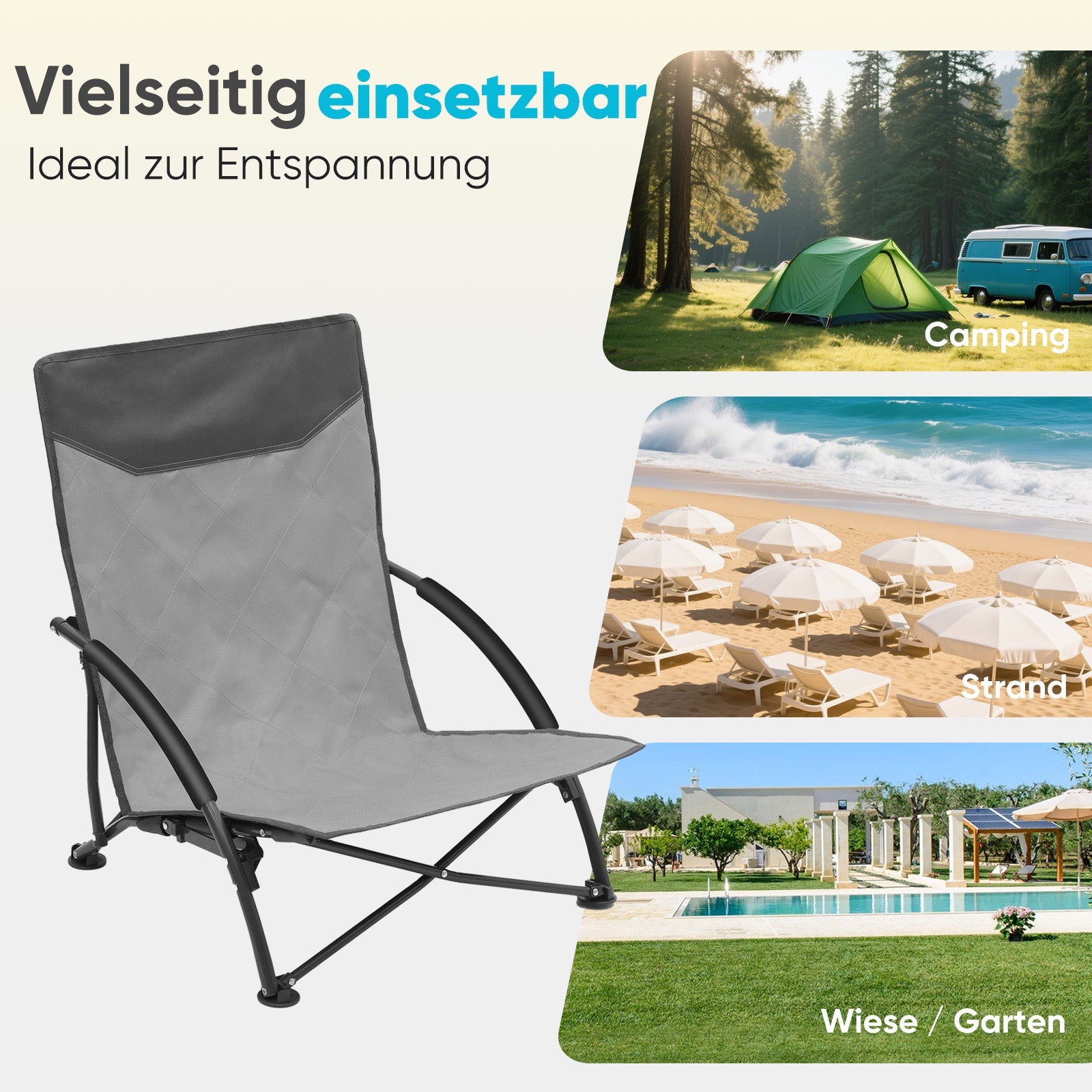 Sekey Faltbarer Strandliegestuhl mit gepolsterten Armlehnen – Leichter Campingstuhl bis 200 kg belastbar Sekey