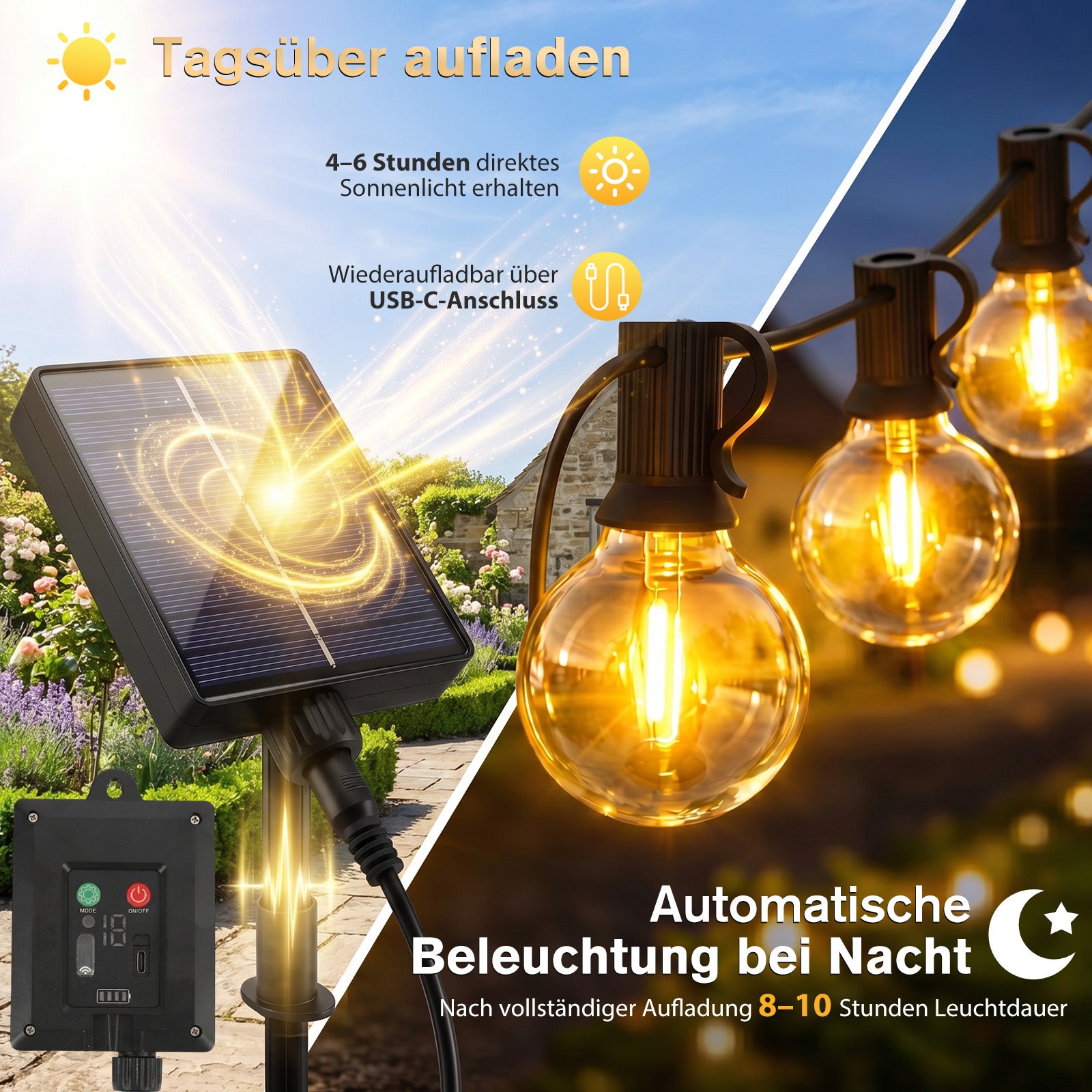 4-6 Stunden direktes Sonnenlicht erhalten / wiederaufladbar über USB C Anschluss, Nach vollständiger Aufladung 8-10 Stunden Leuchtdauer