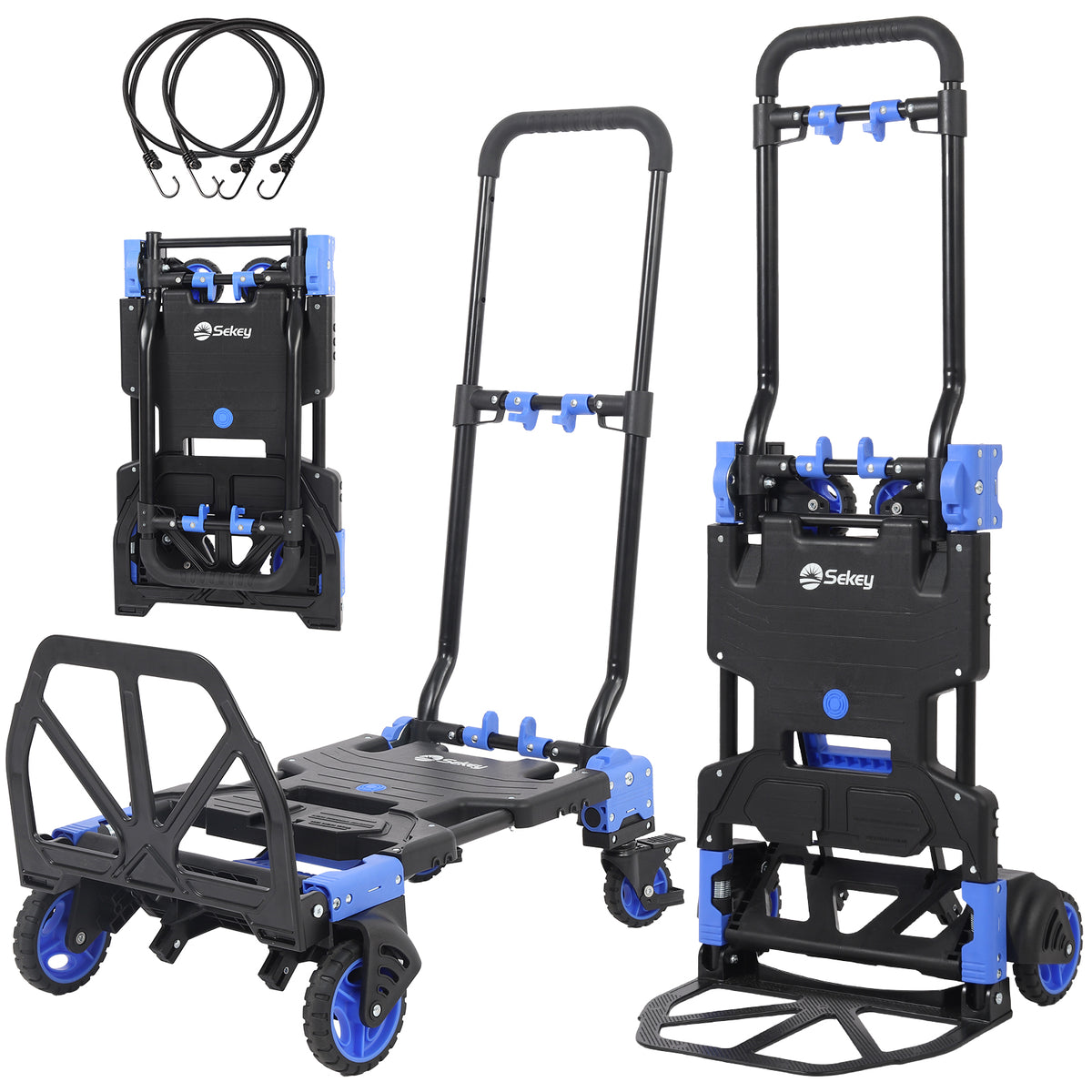 Sekey 2-in-1 Klappbare Sackkarre & Transportwagen 150 kg Tragkraft, Leichter Alurahmen, TPR-Doppellagerräder, Feststellbremse & Höhenverstellbarer Griff, inkl. 2 Expanderseile