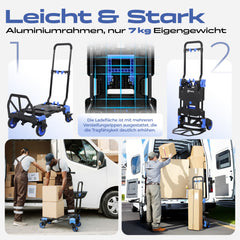 Sekey 2-in-1 Klappbare Sackkarre & Transportwagen 150 kg Tragkraft, Leichter Alurahmen, TPR-Doppellagerräder, Feststellbremse & Höhenverstellbarer Griff, inkl. 2 Expanderseile