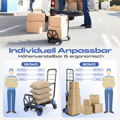 Sekey 2-in-1 Klappbare Sackkarre & Transportwagen 150 kg Tragkraft, Leichter Alurahmen, TPR-Doppellagerräder, Feststellbremse & Höhenverstellbarer Griff, inkl. 2 Expanderseile