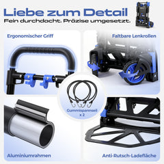 Sekey 2-in-1 Klappbare Sackkarre & Transportwagen 150 kg Tragkraft, Leichter Alurahmen, TPR-Doppellagerräder, Feststellbremse & Höhenverstellbarer Griff, inkl. 2 Expanderseile