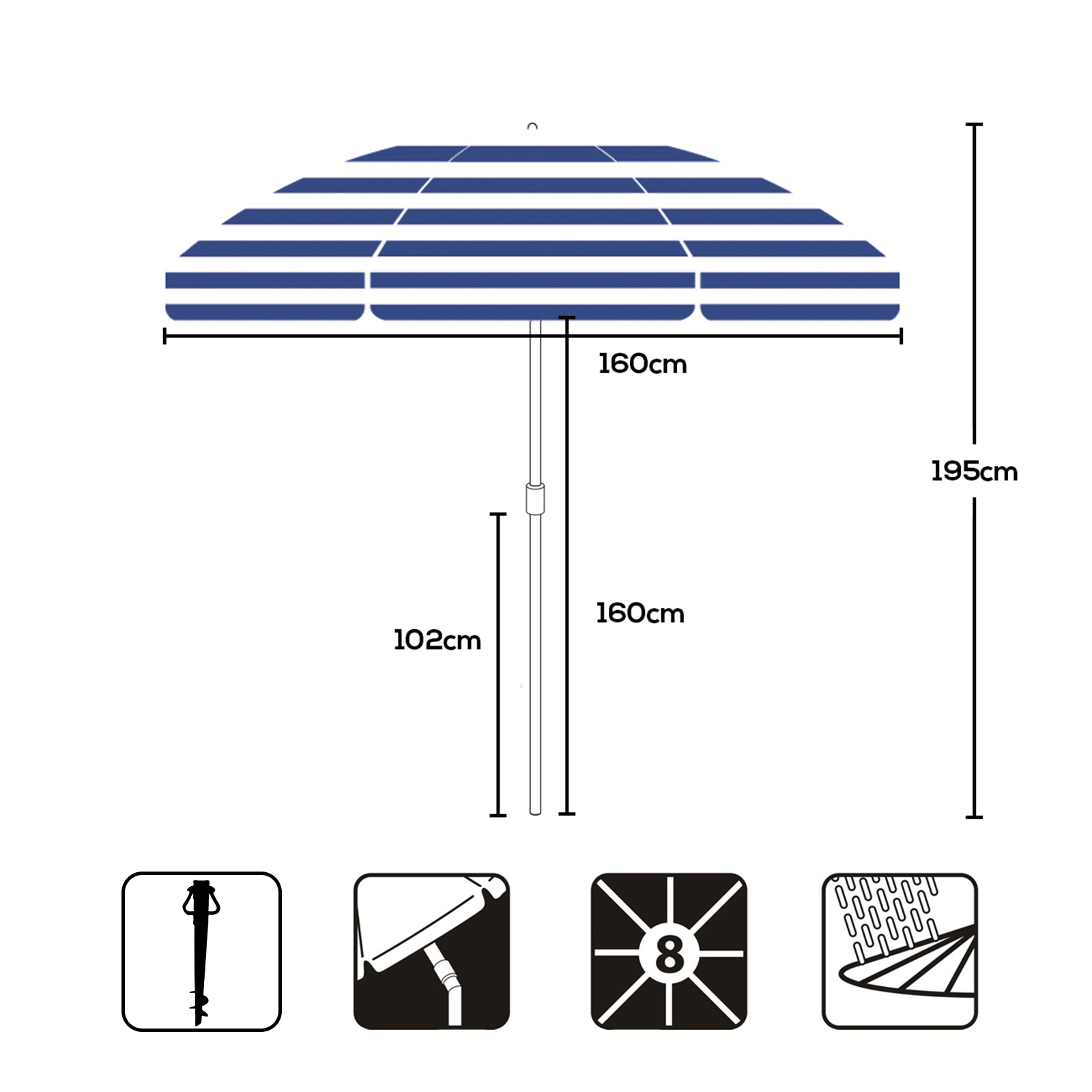 Sekey Sonnenschirm Ø160 cm rund mit Tragetasche & Bodenhülse, für Balkon & Strand Sekey