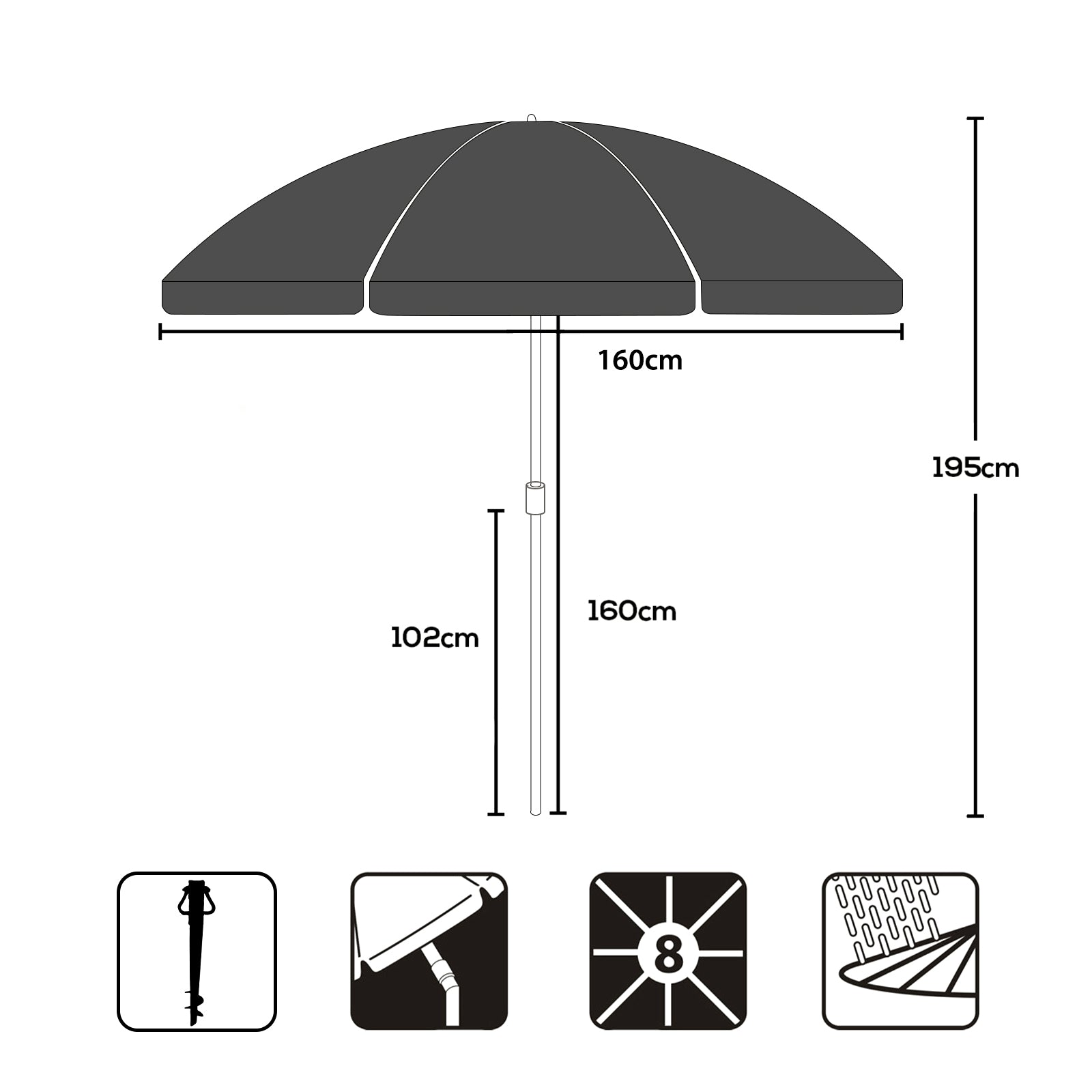 Sekey Sonnenschirm Ø160 cm rund mit Tragetasche & Bodenhülse, für Balkon & Strand Sekey
