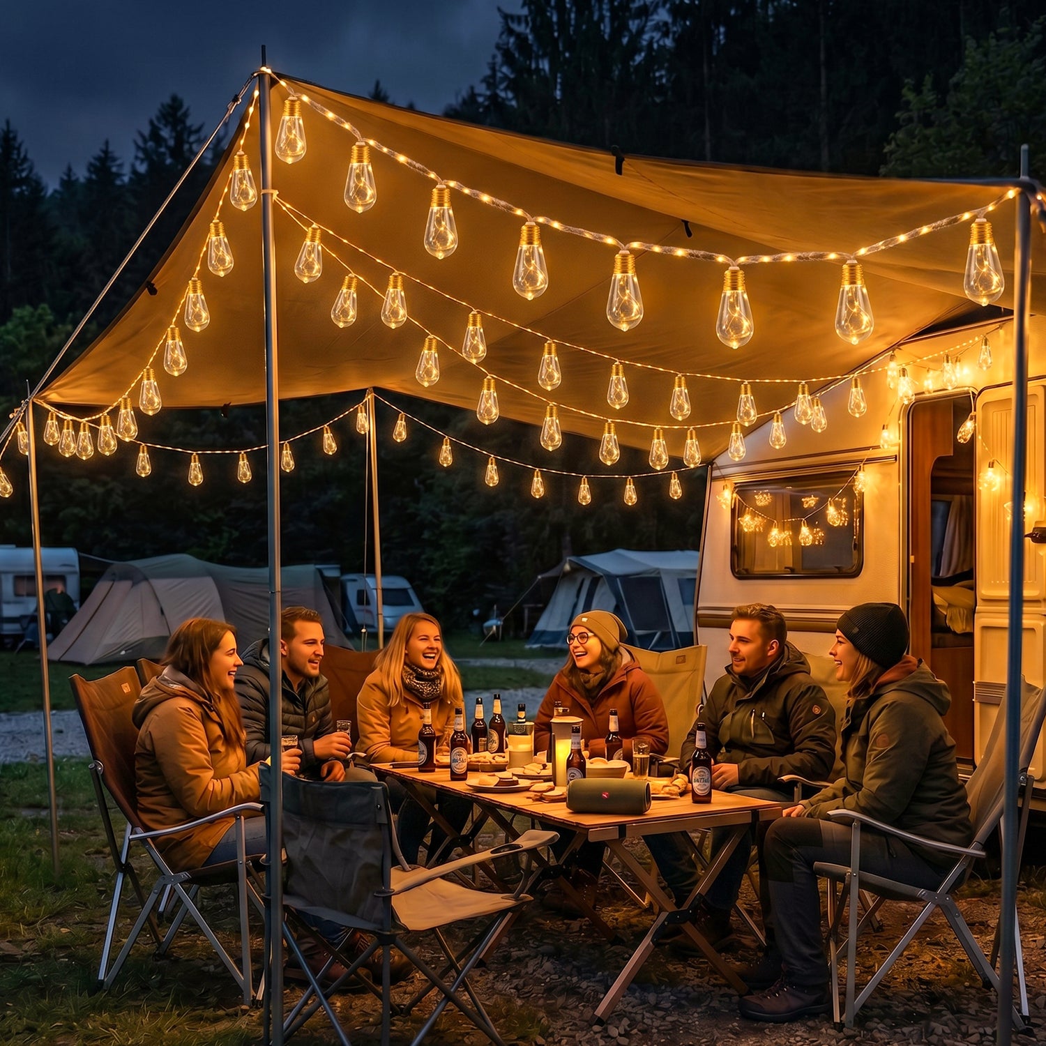 Warmweiße Hanfseil Lichterkette als stimmungsvolle Campingbeleuchtung für gemütliche Abende