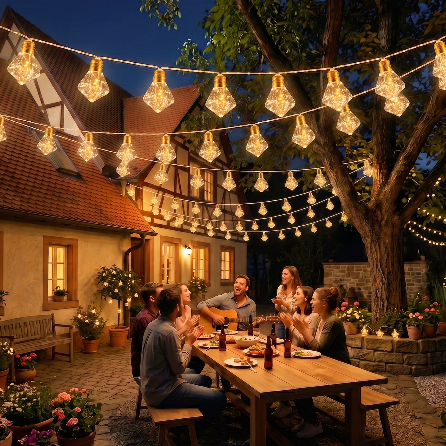 Dekorative Hanfseil Lichterkette mit Diamant-Glühbirnen als stimmungsvolle Gartenbeleuchtung