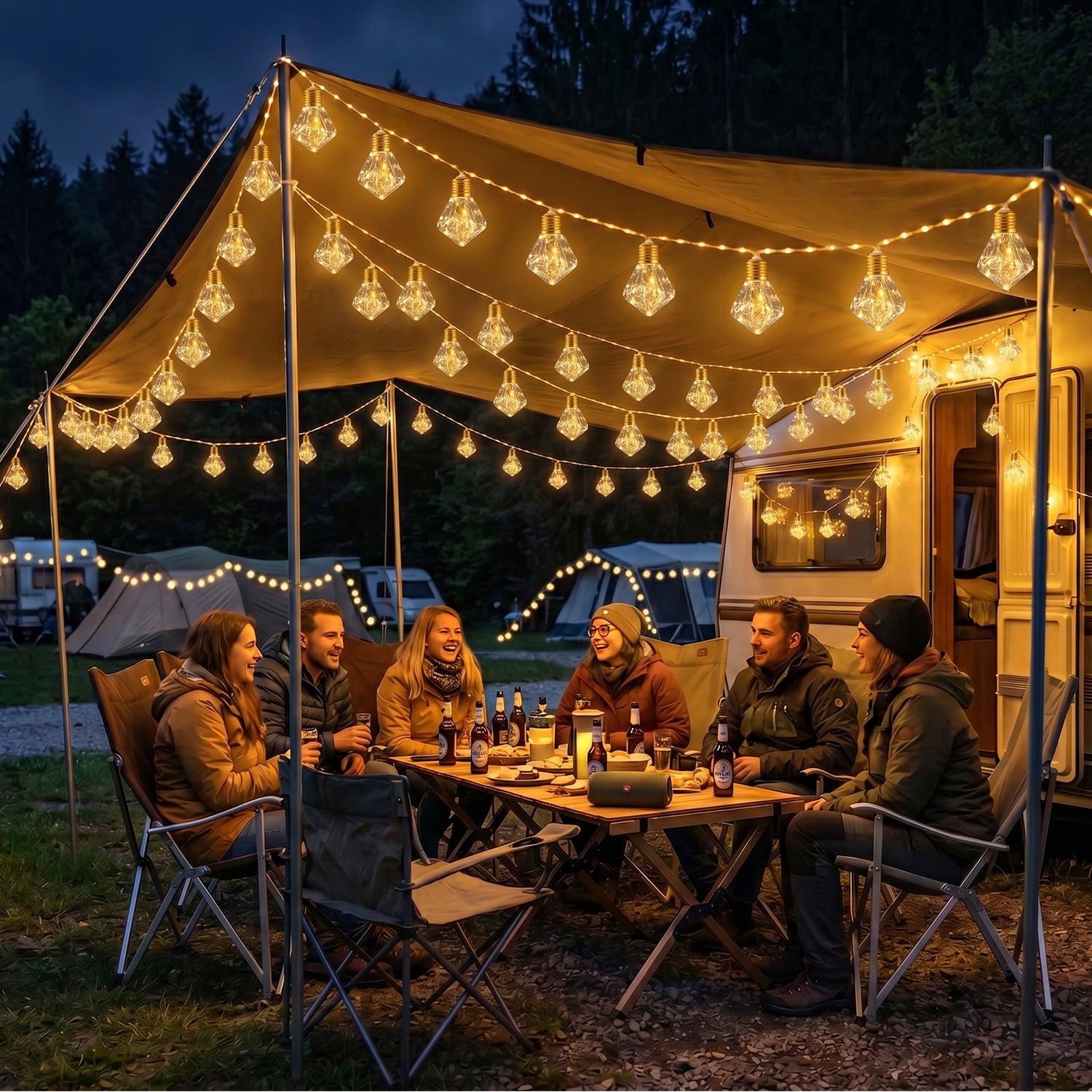 Dekorative Hanfseil Lichterkette mit Diamant-Glühbirnen als stimmungsvolle Gartenbeleuchtung_Camping