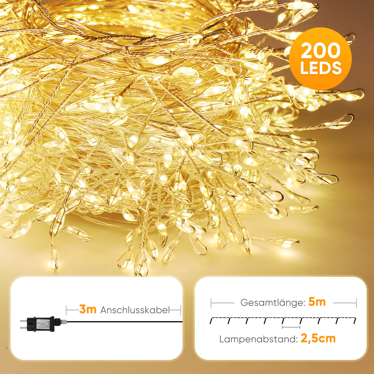 Salcar LED Cluster Lichterkette aus Kupferdraht – 5m/10m/15m/20m, 200–800 LEDs, Wasserdicht, 8 Modi, Timer & Memory, für Innen & Außen, Weihnachtsbaum, Garten, Hochzeit, Party – Warmweiß Salcar