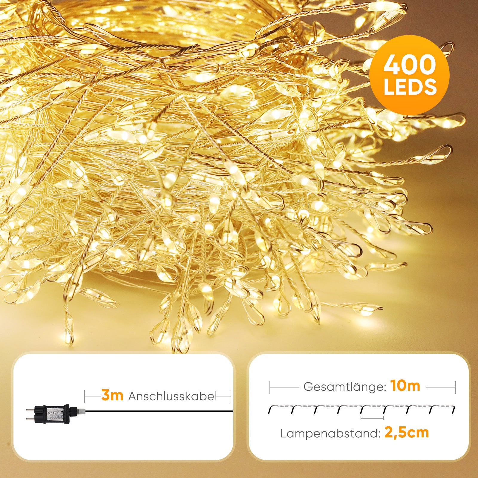 Salcar LED Cluster Lichterkette aus Kupferdraht – 5m/10m/15m/20m, 200–800 LEDs, Wasserdicht, 8 Modi, Timer & Memory, für Innen & Außen, Weihnachtsbaum, Garten, Hochzeit, Party – Warmweiß Salcar
