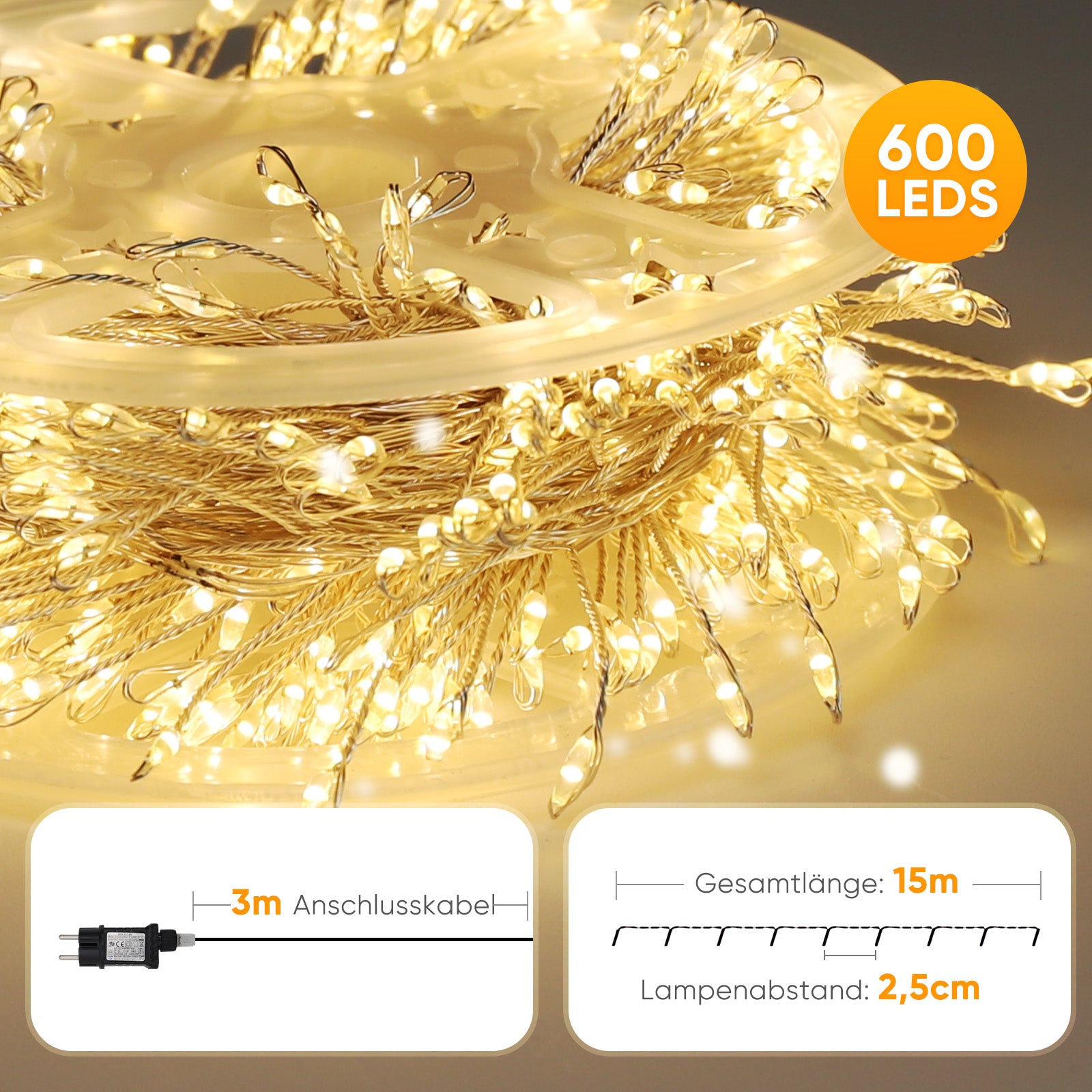 Salcar LED Cluster Lichterkette aus Kupferdraht – 5m/10m/15m/20m, 200–800 LEDs, Wasserdicht, 8 Modi, Timer & Memory, für Innen & Außen, Weihnachtsbaum, Garten, Hochzeit, Party – Warmweiß Salcar