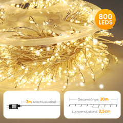 Salcar LED Cluster Lichterkette aus Kupferdraht – 5m/10m/15m/20m, 200–800 LEDs, Wasserdicht, 8 Modi, Timer & Memory, für Innen & Außen, Weihnachtsbaum, Garten, Hochzeit, Party – Warmweiß Salcar