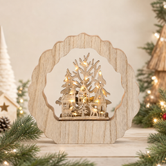 Salcar LED Schwibbogen aus Holz, 3D Weihnachtsdeko mit Weihnachtsdorf, 20 warmweiße LEDs, batteriebetriebener Lichterbogen für Fensterbank, Regal & Sideboard