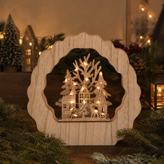 Salcar LED Schwibbogen aus Holz, 3D Weihnachtsdeko mit Weihnachtsdorf, 20 warmweiße LEDs, batteriebetriebener Lichterbogen für Fensterbank, Regal & Sideboard