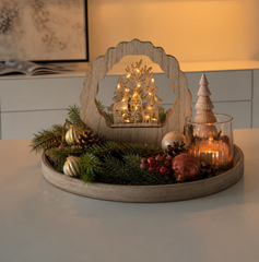 Salcar LED Schwibbogen aus Holz, 3D Weihnachtsdeko mit Weihnachtsdorf, 20 warmweiße LEDs, batteriebetriebener Lichterbogen für Fensterbank, Regal & Sideboard