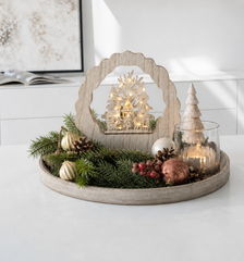 Salcar LED Schwibbogen aus Holz, 3D Weihnachtsdeko mit Weihnachtsdorf, 20 warmweiße LEDs, batteriebetriebener Lichterbogen für Fensterbank, Regal & Sideboard