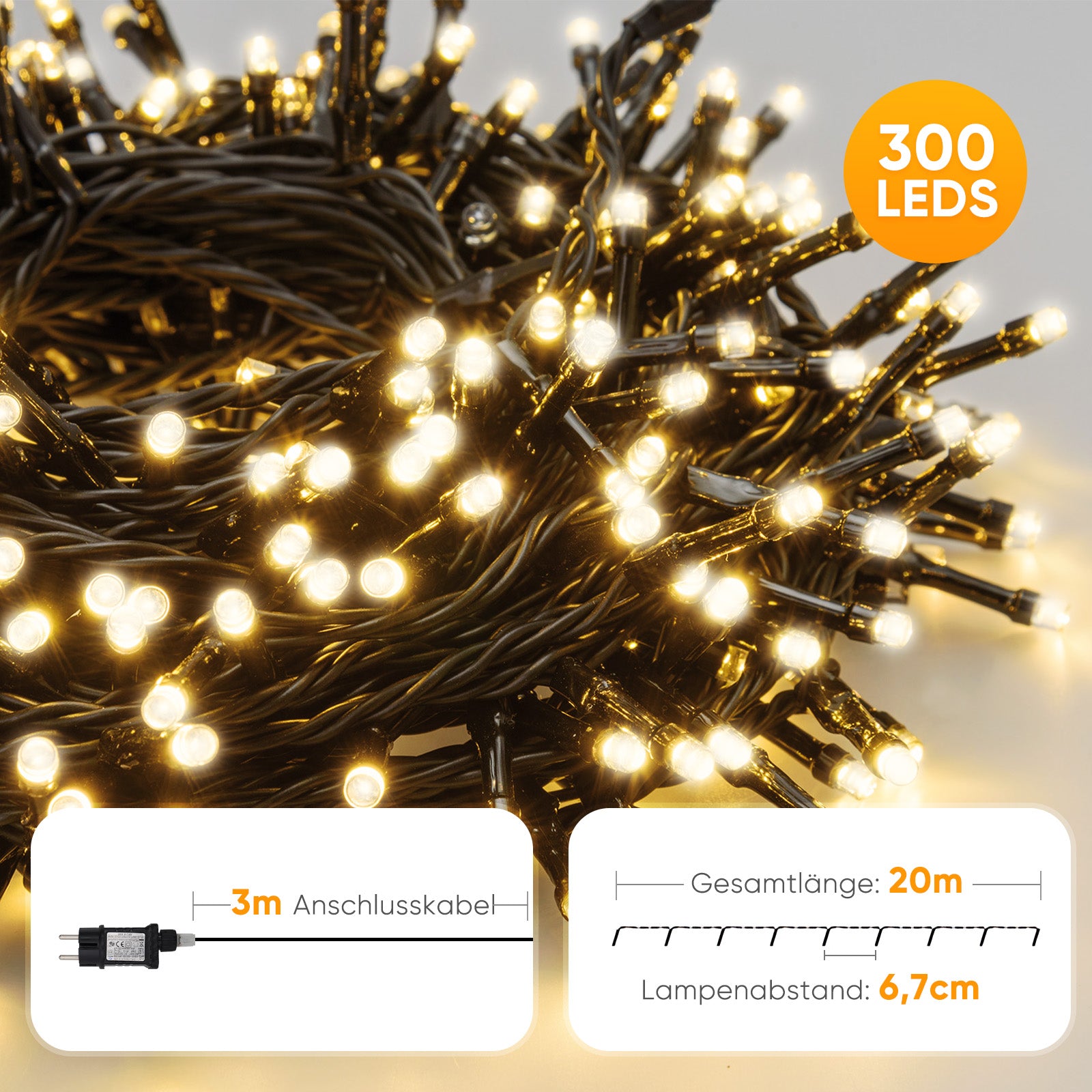 Salcar LED Lichterkette Außen – 10m/15m/20m, 150–300 LEDs, Wasserdicht, 9 Modi, Timer & Memory, Stufenlos dimmbar, 4 Farbtemperaturen (2800K–1800K), für Garten, Balkon, Party, Weihnachtsbaum Salcar
