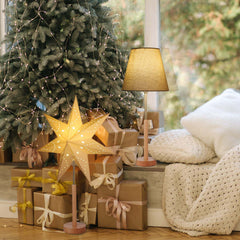 Salcar LED Paper Star with Wooden Base – Illuminated Christmas Star with 2 Lampshades, Warm White Light, Foldable &amp; Replaceable E14 Bulb