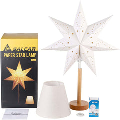Salcar LED Paper Star with Wooden Base – Illuminated Christmas Star with 2 Lampshades, Warm White Light, Foldable &amp; Replaceable E14 Bulb