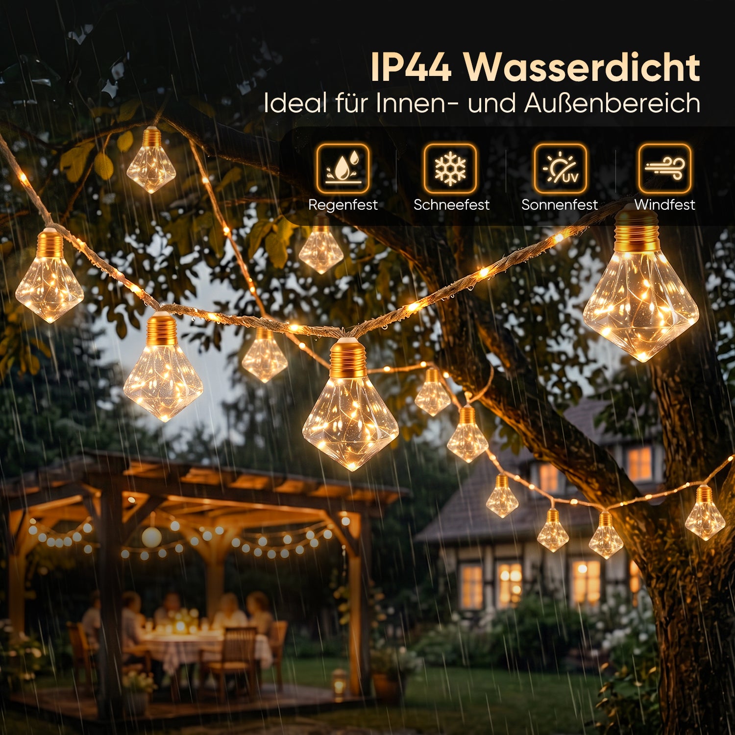 Spritzwassergeschützte Solar Hanfseil Lichterkette für Garten, Balkon und Terrasse