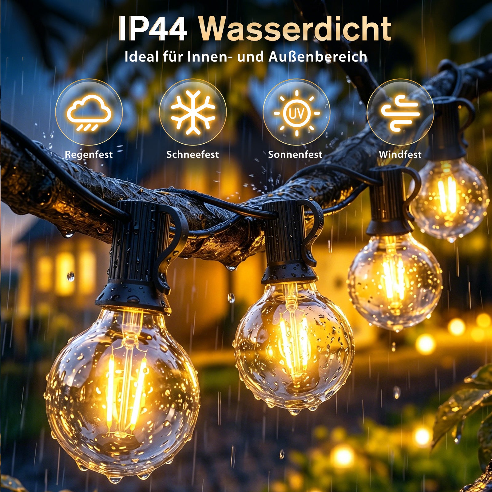 IP44 wetterfeste Solar Lichterkette für Garten, Terrasse und große Außenflächen