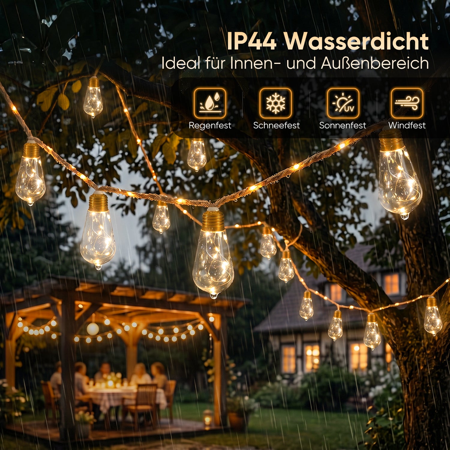Spritzwassergeschützte Vintage Solar Lichterkette für Garten, Terrasse und Balkon