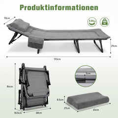 Sekey Faltbett klappbar mit Matratze & Kissen 193x70 cm – verstellbares Campingbett mit 6-fach Rückenlehne, bis 150 kg belastbar, Gästebett für Camping, Garten & Zuhause