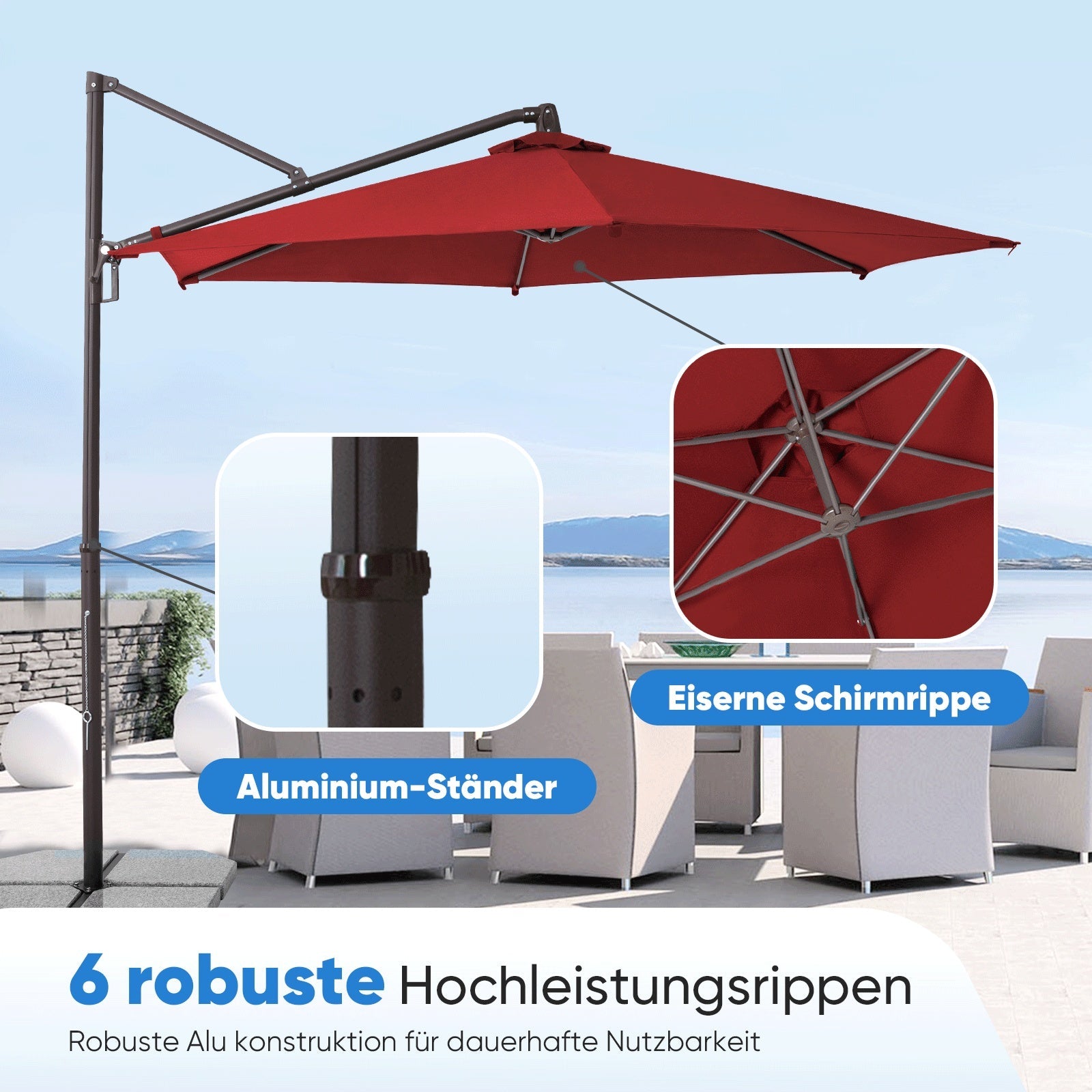 Sekey Ampelschirm 300 cm Aluminium Sonnenschirm mit 360° Drehung, Neigefunktion, UV50+ Schutz Sekey