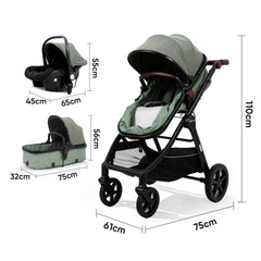 Sekey BW600 3-in-1 Kombi-Kinderwagen Reisesystem mit Babyschale, Liegewanne & Buggy, Moskitonetz, Regenschutz, Federung, 5-Punkt-Gurt, All-Wetter Travel System 0 Jahre