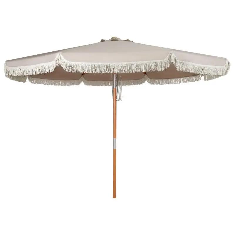 Sekey 300 cm Holz Sonnenschirm mit Fransen, Sonnenschutz UV50+ Sekey