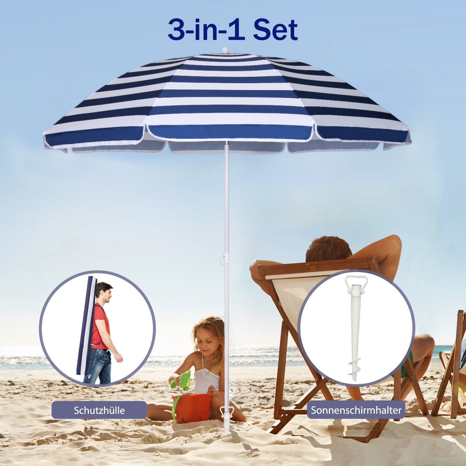 Sekey Sonnenschirm Ø160 cm rund mit Tragetasche & Bodenhülse, für Balkon & Strand Sekey