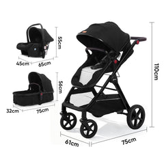Sekey BW600 3-in-1 Kombi-Kinderwagen Reisesystem mit Babyschale, Liegewanne & Buggy, Moskitonetz, Regenschutz, Federung, 5-Punkt-Gurt, All-Wetter Travel System 0 Jahre