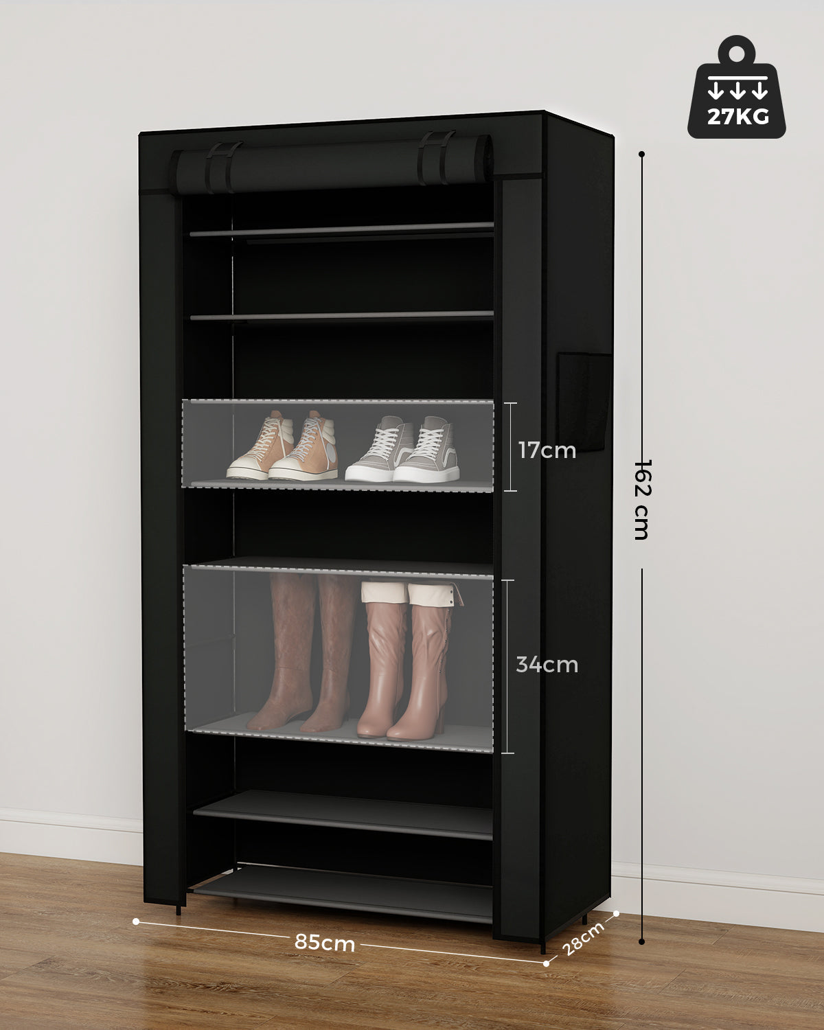 Sekey Schuhschrank mit 9 Ebenen – Multifunktionales Schuhregal mit Staubschutz, 2 Größen wählbar (58 oder 85 cm Breite), anpassbare Ablagen, einfache Montage, Schwarz Sekey