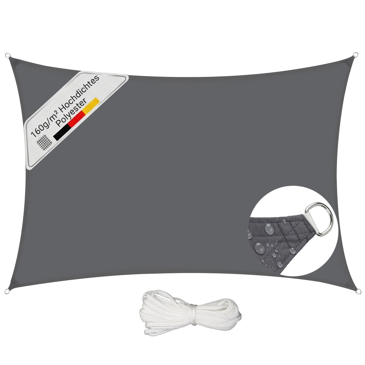 Sunula Sonnensegel 2x3m wasserdicht ohne Mittelnaht – PES 160g/m², UV-Schutz 95% UPF50+, reißfest & wetterfest mit Lotus-Effekt, Rechteckig für Balkon, Terrasse & Garten (Anthrazit)