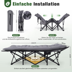 Sekey XXL Klappbett 202 × 80 × 45 cm – Extra breites Feldbett mit 7 cm Matratze, Campingbett bis 200 kg, Faltbares Gästebett mit Seitentasche aus Oxford-Gewebe für Camping, Garten & Outdoor