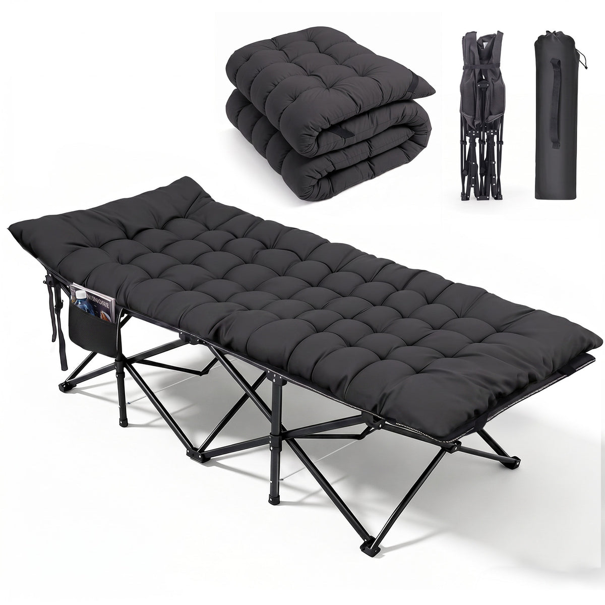 Sekey XXL Klappbett 202 × 80 × 45 cm – Extra breites Feldbett mit 7 cm Matratze, Campingbett bis 200 kg, Faltbares Gästebett mit Seitentasche aus Oxford-Gewebe für Camping, Garten & Outdoor